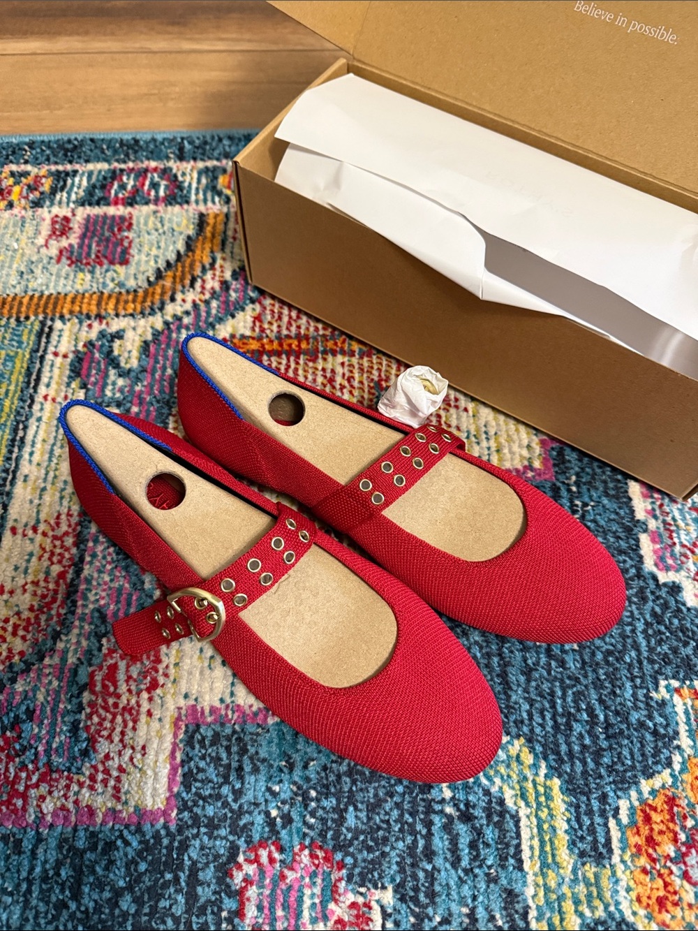 Rothy's Red Mary Jane Flats with Gold Buckle